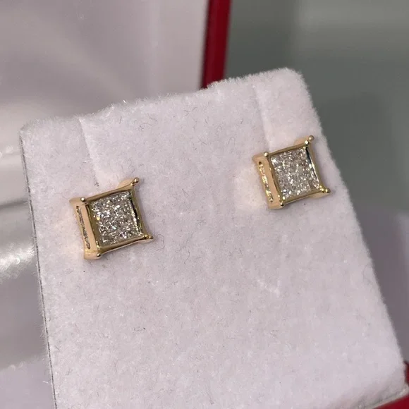 Solid Stamped 14K Yellow Gold Natural Diamond Stud Earrings Unisex Men Women